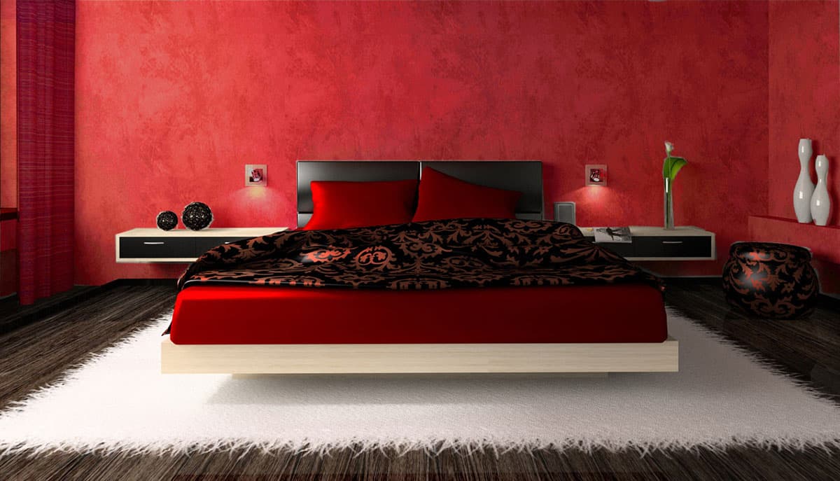 Luxurious bedroom in red 3D rendering